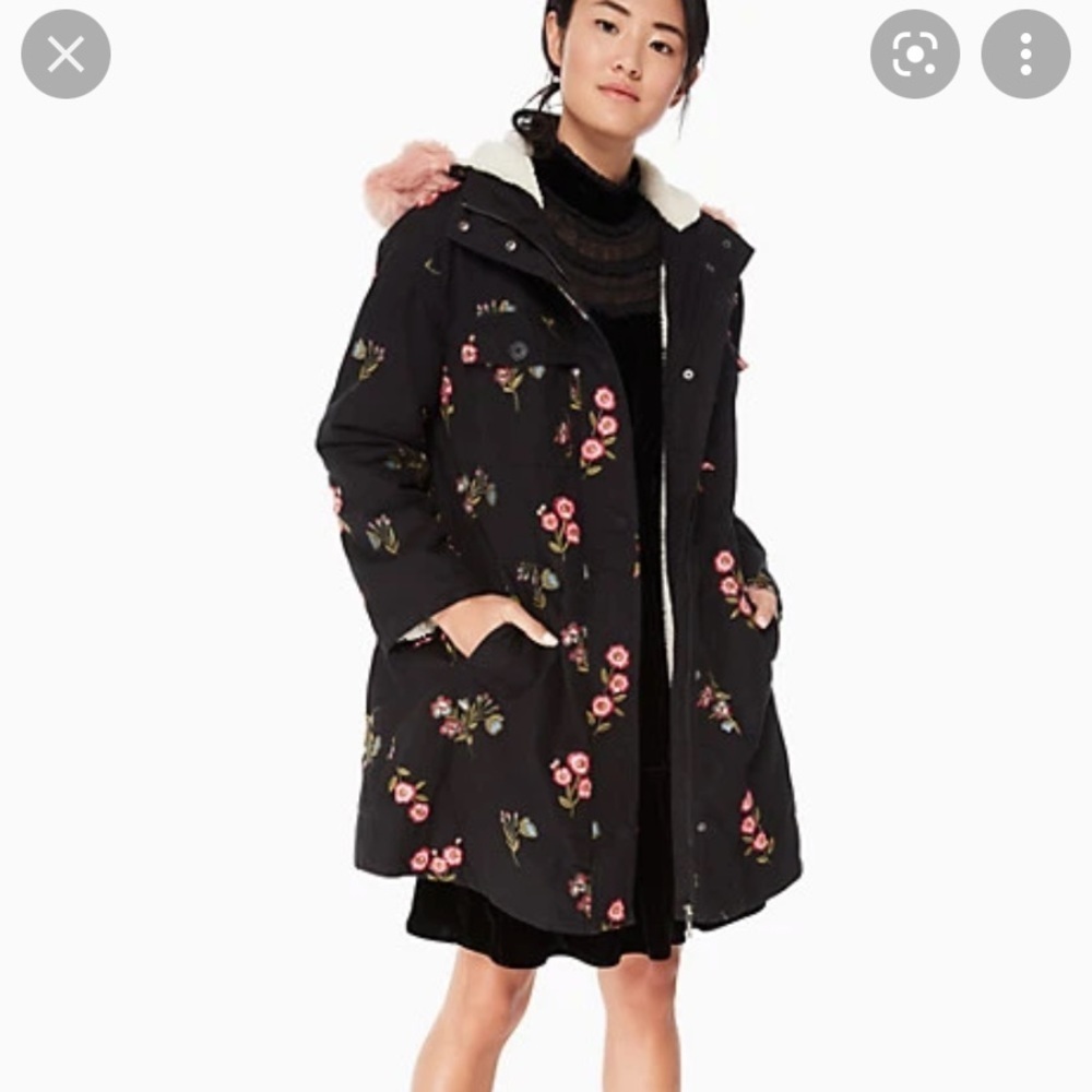 Kate Spade Black Floral Jacket with Pink Fur Trim - Picture 7 of 11
